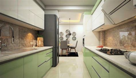 parallel kitchen  green  white cabinets  marble countertop kitchen design small