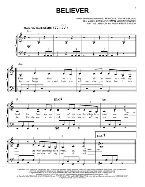 believer piano sheet easy