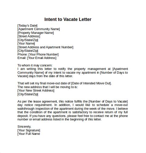 notice  vacate sample letter    letter template collection