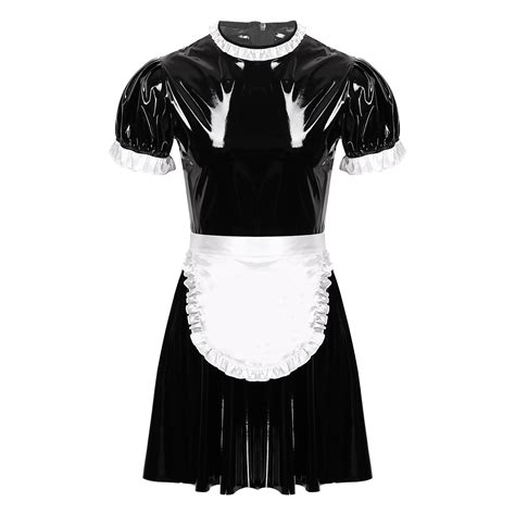 men adults sissy maid dresses cosplay costume set wetlook patent