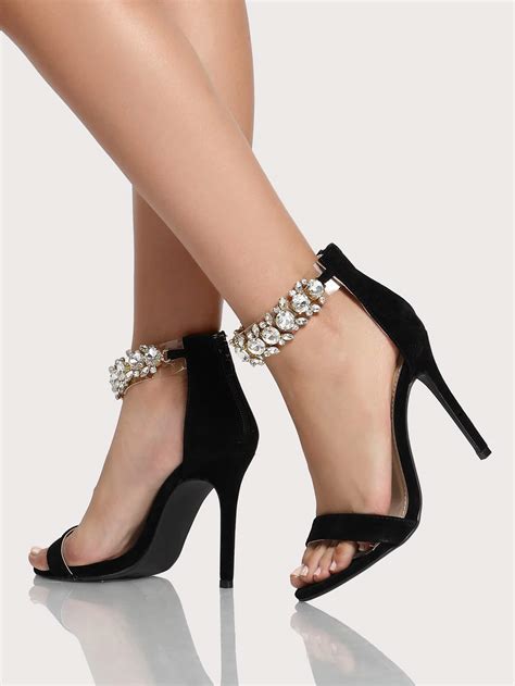 diamond ankle strap single band heels black sheinsheinside