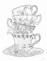 Digital Tea Cup Coloring Teacups Drawing Stamps Pages Stacked Cups Cross Visit Card sketch template