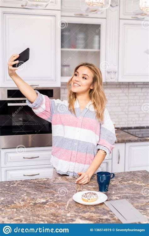 selfie in kitchen stock image image of media smartphone 136514919