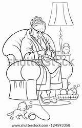 Grandmother Coloring Sitting Knitting Armchair Book Shutterstock Vector Stock Search sketch template