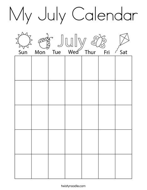 july calendar coloring page twisty noodle