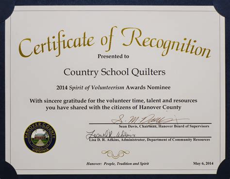 country school quilters certificate  recognition