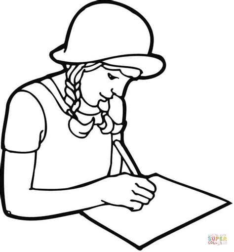 girl student writing  paper coloring page  printable coloring