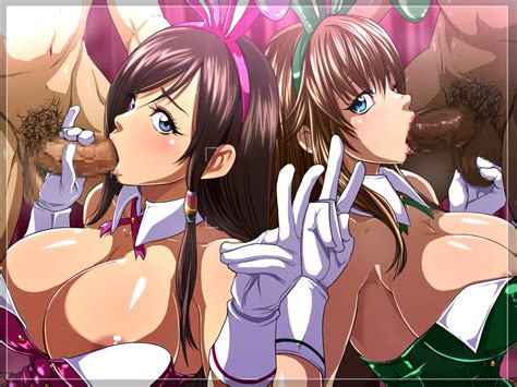 Rule 34 2girls Black Hair Breasts Brown Hair Bunny Suit Censored