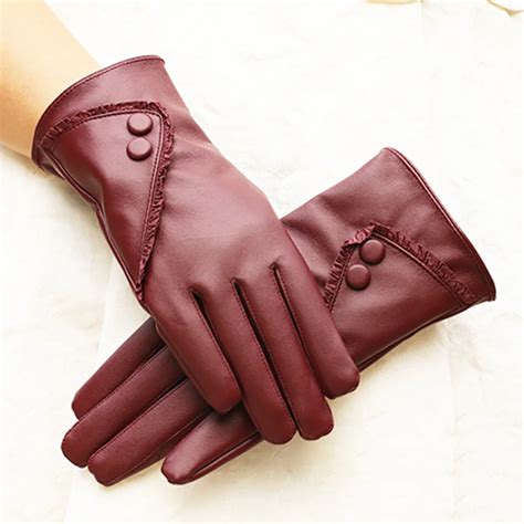 women pu leather gloves winter warm lace touchscreen gloves mittens