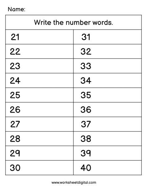 number words    write number words printable  pages number words