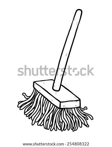 mop cartoon vector  illustration black  white hand drawn