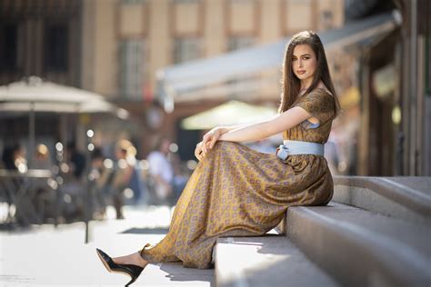 women dress bokeh sitting stilettos model stairs wallpaper hd girls