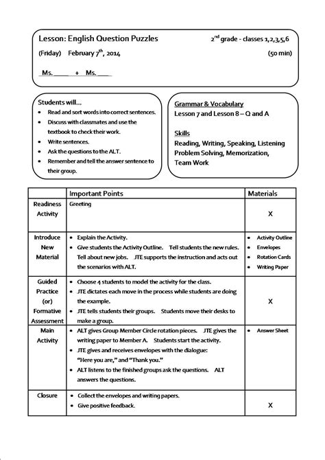 lesson plan template  teacher observation   sample teacher