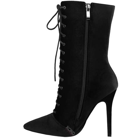 ladies womens lace up stretchy high heel stiletto ankle boots party