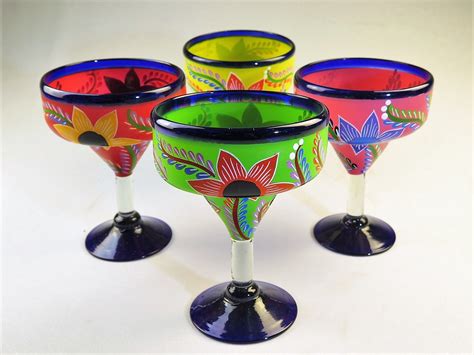 Mexican Margarita Glass 15oz Hand Painted Pop Designs Set Of Four