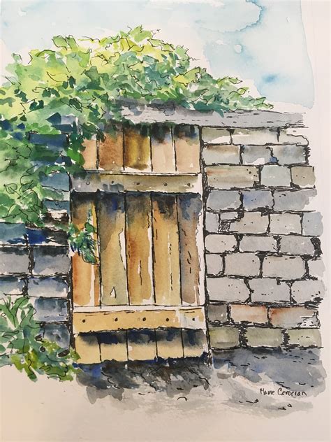 stone wall painting watercolor  ink painting small etsy