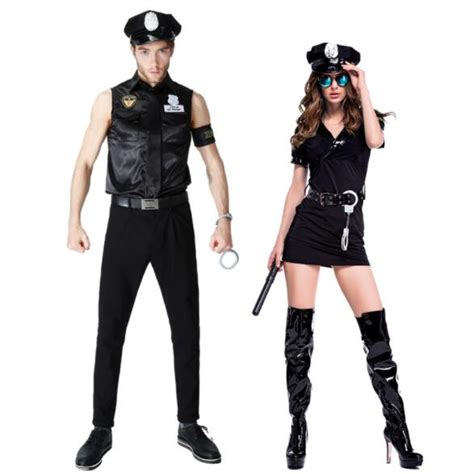 Sexy Couples Black Cop Costumes Halloween For Women Men Game Stage Bar