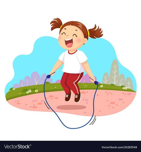 vector illustration  happy  girl jumping rope   park