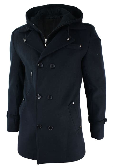 manteau double capuche amovible homme  laine cintre veston croise bleu marine ebay