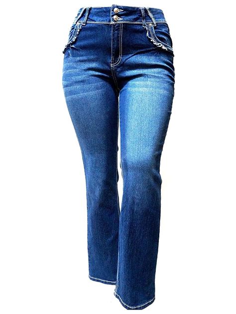diamante womens plus size strech straight leg denim jeans pants blue