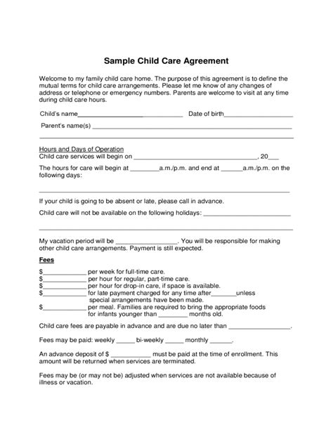 child care agreement form fillable printable  forms handypdf