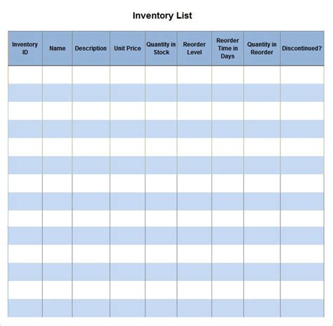 inventory list templates   word excel  formats samples