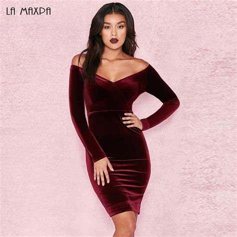 2017 elegant sexy winter long sleeve velvet dress celebrity off the