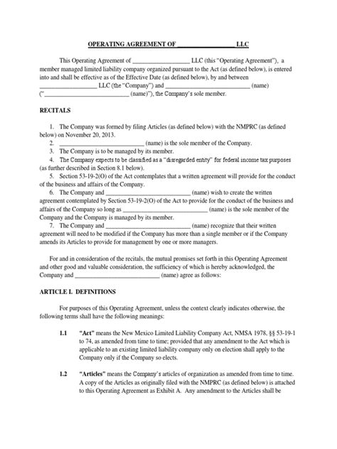single member llc operating agreement template income tax