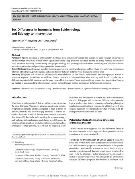 sex differences in insomnia from epidemiology and etiology to