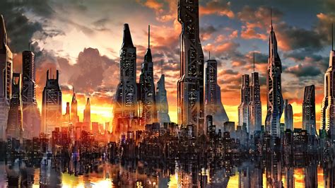 futuristic city  dusk  rwallpapers
