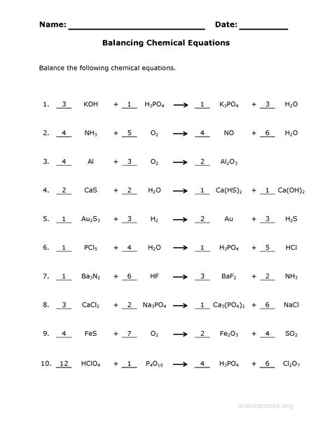 balancing chemical equations practice sheet