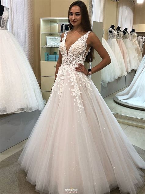 Buy Charming A Line V Neck Appliqued Ball Gown Tulle Wedding Dress