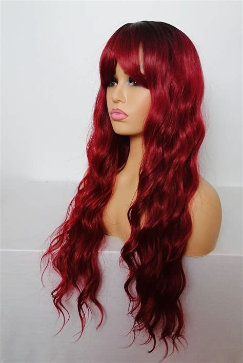 long red wavy wig bangs fringe  wine curly hair  etsy