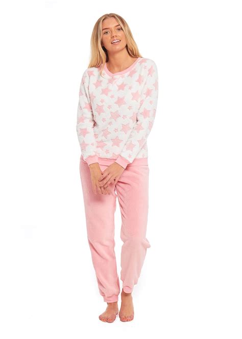 ladies stars fleece pyjama set twosie warm winter pyjamas pink sn ebay