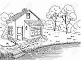 Lake House Coloring Small Vector Sketch Printable Tags Landscape sketch template