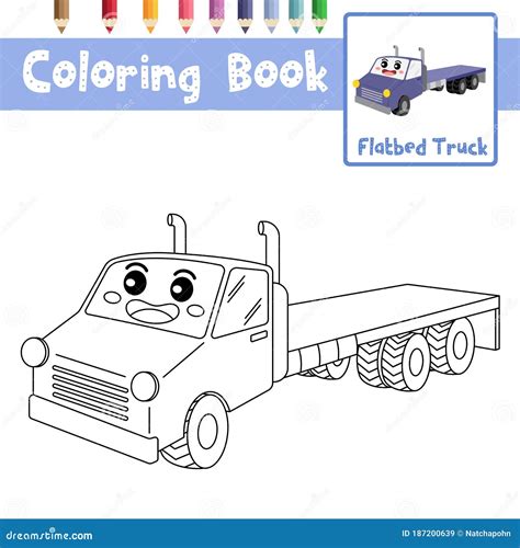 coloring page flatbed truck cartoon character perspective view vector