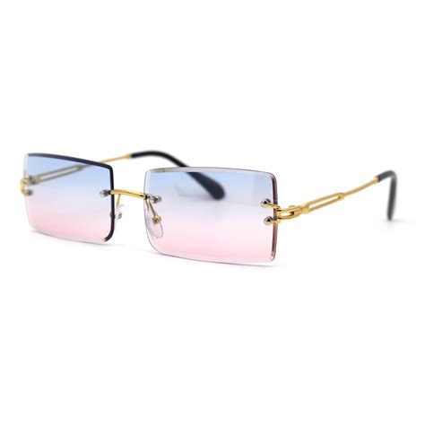 Luxury Hippie Style Rimless Bevel Rectangle Lens Sunglasses Gold Blue