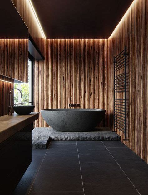 orgasmic bathroom black tile black bowl soaker tub wood salt walls