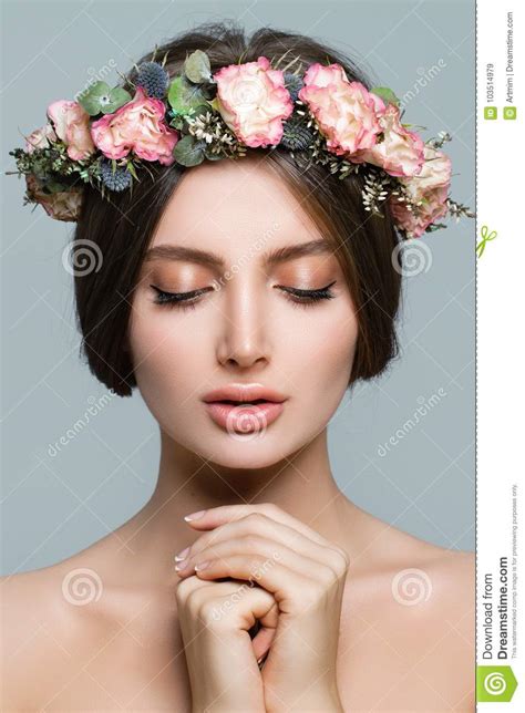 healthy woman spa model  spring flowers  fresh skin stock image