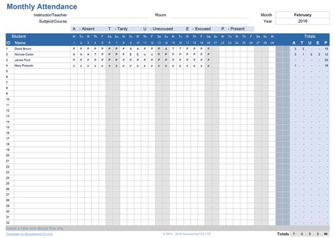printable attendance trackers  excel