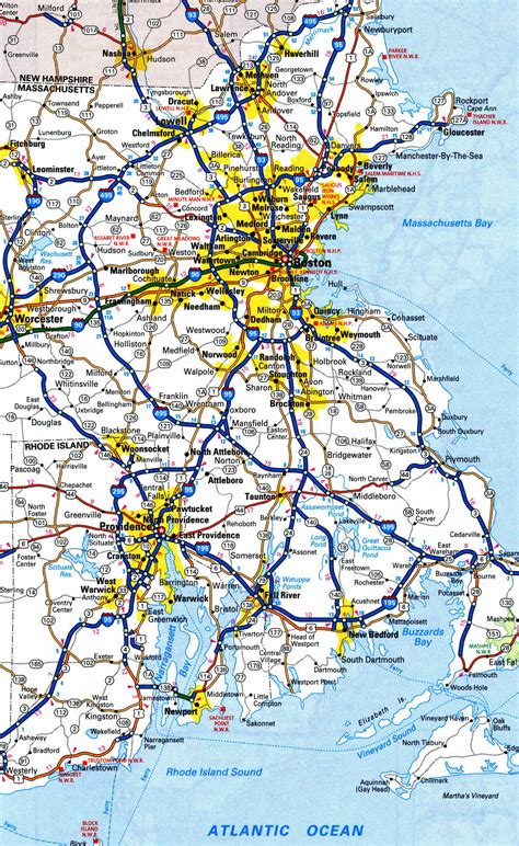 large roads  highways map  rhode island state  cities