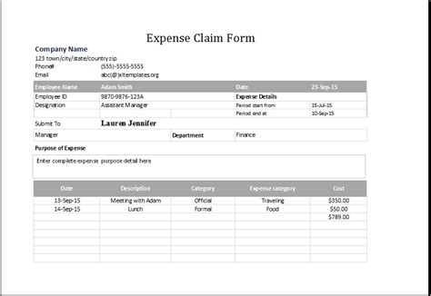 expense claim form template  excel excel templates