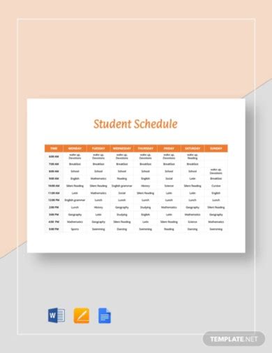 student schedule  examples google docs word pages