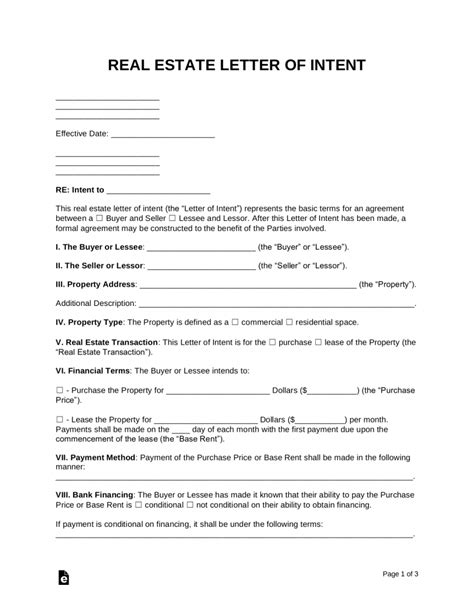 letter  intent  purchase commercial property word  eforms