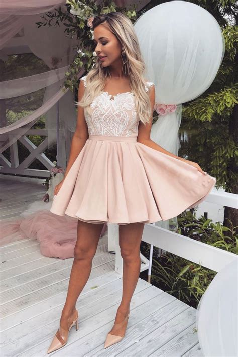 Pink Lace Satin Short Prom Dress Pink Lace Homecoming