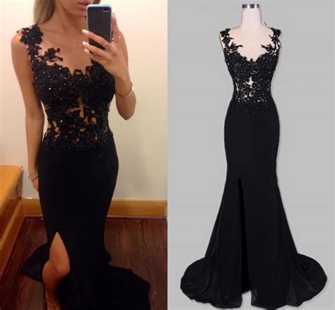 black sexy evening dresses mermaid sheer scoop appliques backless side