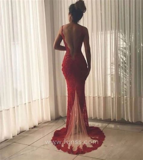 Sexy See Through Red Lace Plunging V Neckline Slit Custom Prom Queen