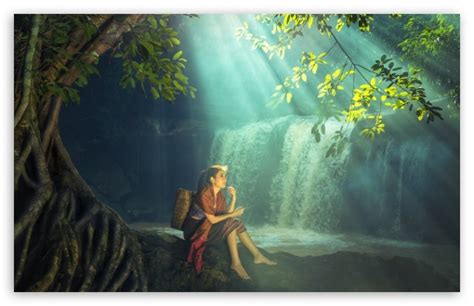 beautiful asian girl rainforest waterfall ultra hd desktop background wallpaper for 4k uhd tv