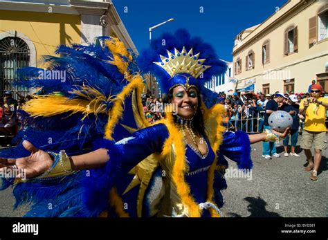 colourfully costumed woman dancing carnival mindelo cape verde cabo verde africa stock