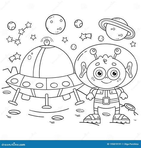 coloring page outline   cartoon alien   flying saucer